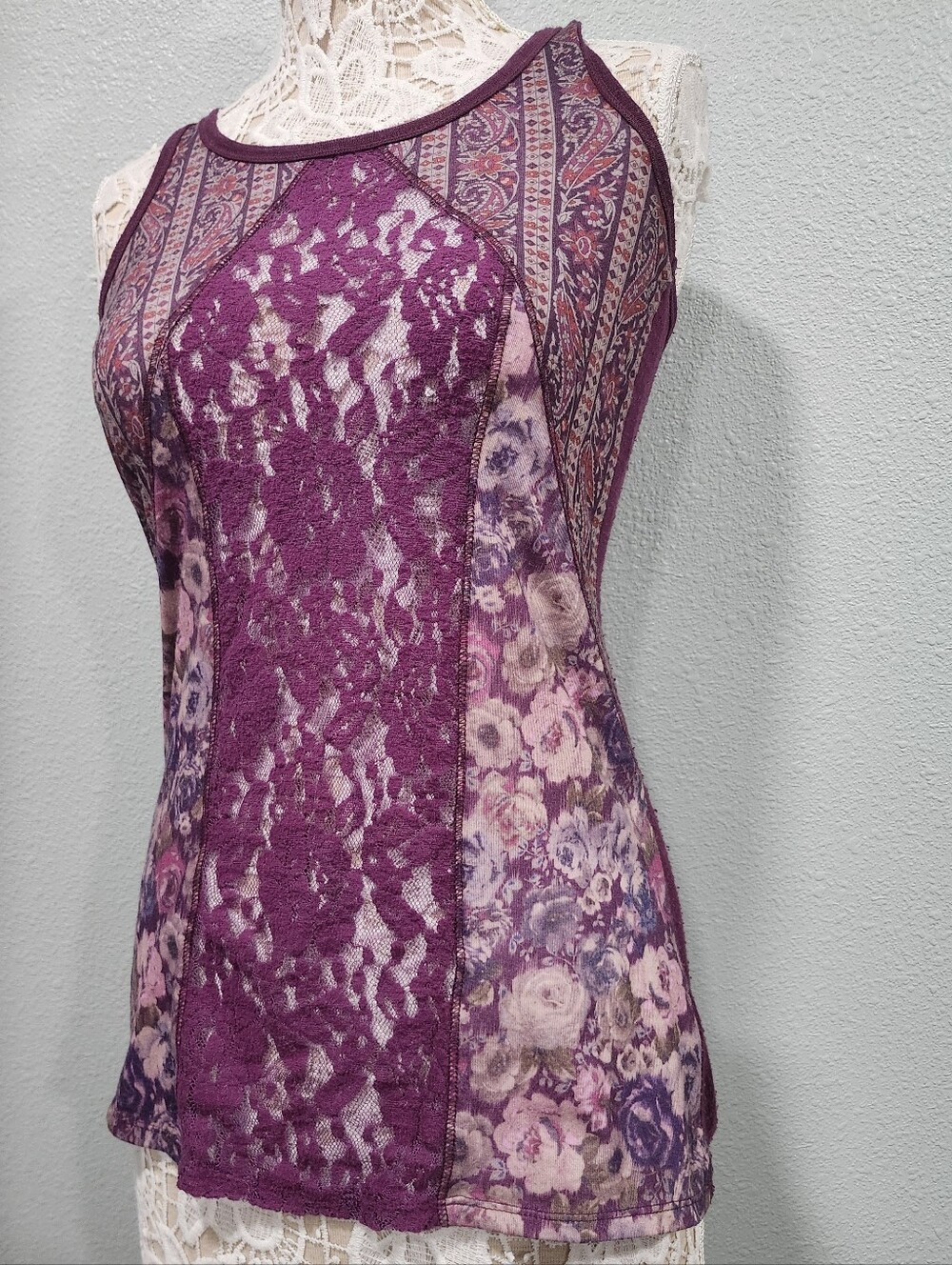 Y2k Maurices Sheer Lace & Solid Floral Paneled Purple Women's Tank Top Size Xs
